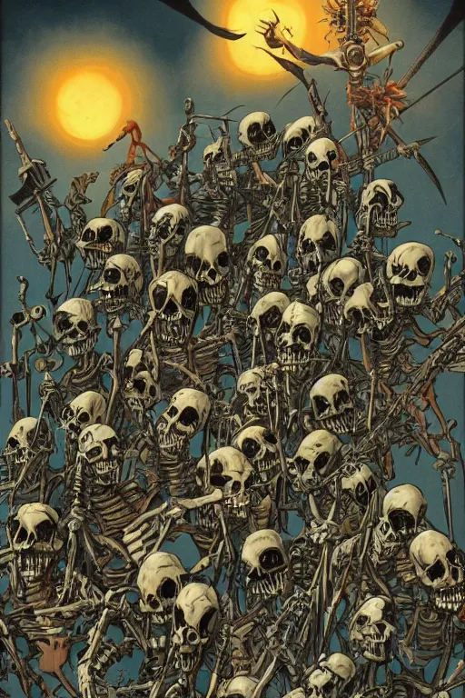 Image similar to the forsaken skeleton army of the dammed, painted by vaughn bode and joe jusko and chesley bonestell and gerald brom, trending on artstation, dramatic tan lighting first - person view studio ghibli, hdr, closeup, stuckism, manga