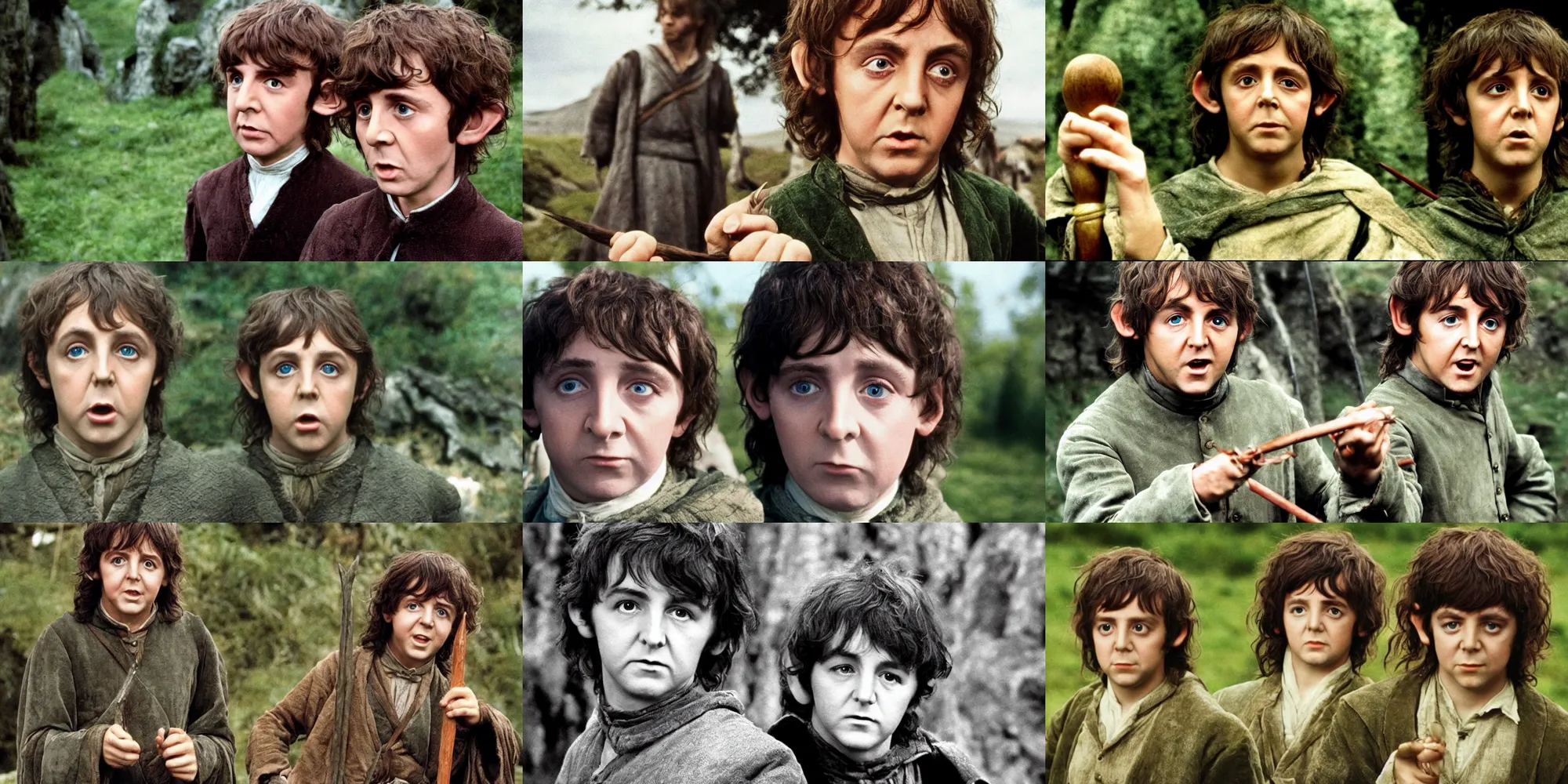 Prompt: A full color still of single person, young Paul McCartney in Hobbit makeup and costume, in The Lord of the Rings directed by Stanley Kubrick,