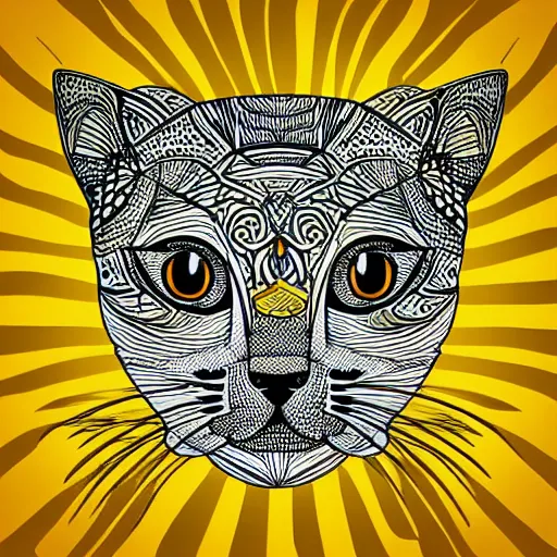 Prompt: tattoo sketch of a cat hugging the sun, on a yellow paper, african ornament, line art, vector