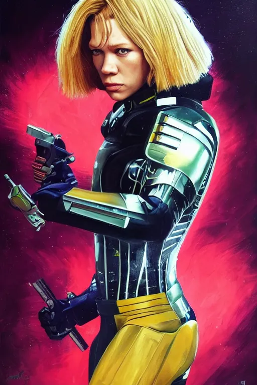 Prompt: a striking painting of Léa Seydoux as 2000AD Judge Anderson, strong lighting, ultra realism, highly detailed, trending on artstation, 4K, HD, oil on canvas