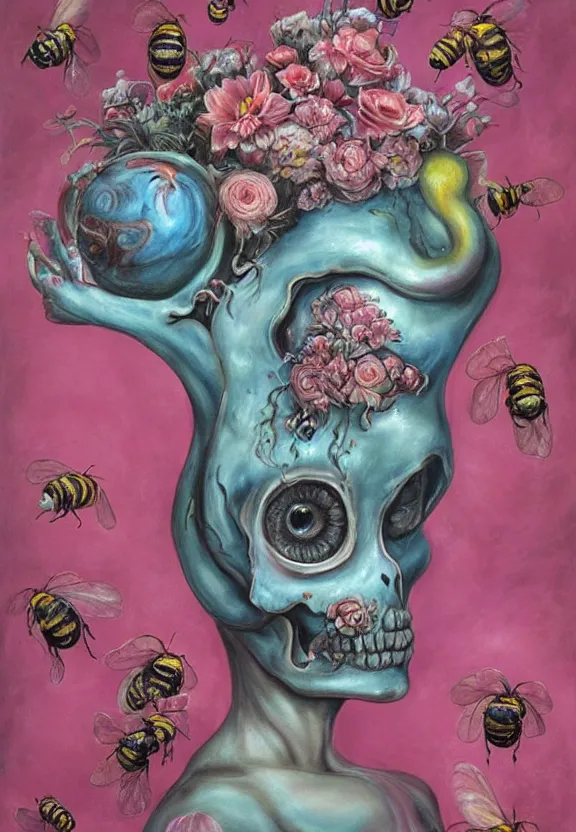 Prompt: a biomorphic painting of a vase with flowers and eyeballs, a surrealist painting by marco mazzoni, by dorothea tanning, pastel blues and pinks, lips, melting, plastic, skull, bees, trending on artstation, metaphysical painting, oil on canvas, fluid acrylic pour art, airbrush art, seapunk, rococo, lovecraftian