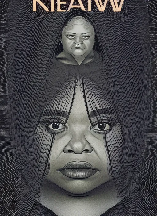 Prompt: poster artwork by Michael Whelan and James Jean, of Octavia Spencer has a invisible shadow man's voice in her head, reality is a labyrinth parking lot, psychological thriller from scene from Twin Peaks, clean, simple illustration, nostalgic, domestic, full of details