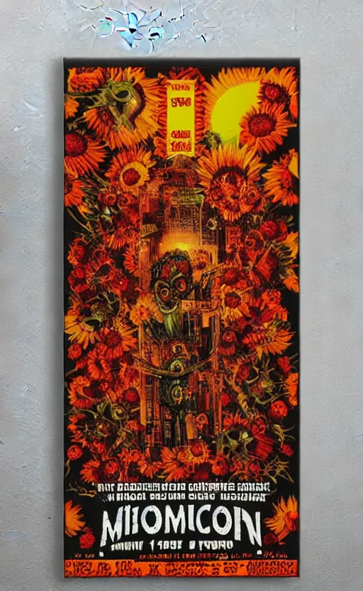 Image similar to 8 k cursed with necronomicon horrorcore cel animation poster depicting sunflowers spattered with blood, intricate, metropolis, 1 9 5 0 s movie poster, post - processing, vector art