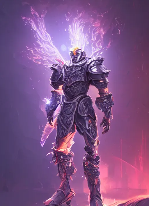Prompt: a highly detailed illustration of futuristic cyber knight with flaming plume, rigid bulky armor, glowing purple line cracks in armor, dramatic standing pose, intricate, elegant, highly detailed, centered, digital painting, artstation, concept art, smooth, sharp focus, league of legends concept art, WLOP
