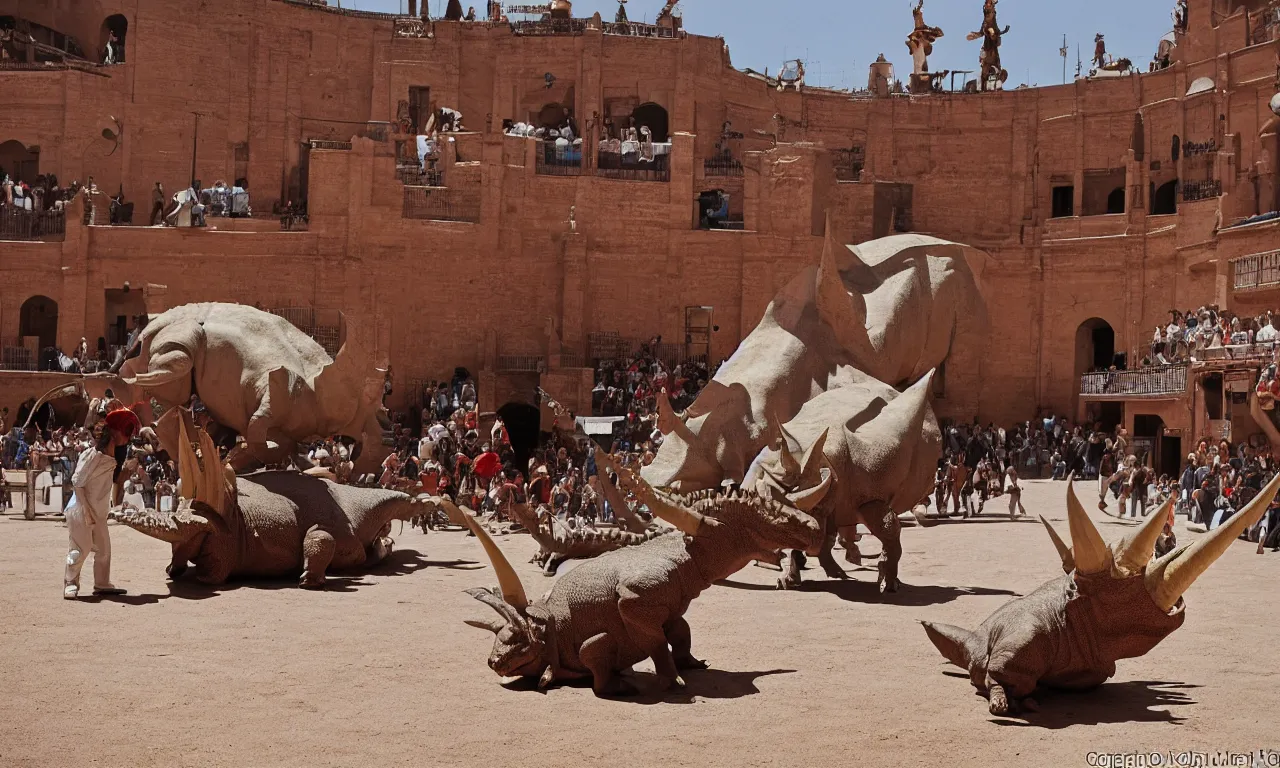 Prompt: a troubadour facing off against a horned dinosaur in the plaza de toros, madrid. extreme long shot, midday sun, kodachrome