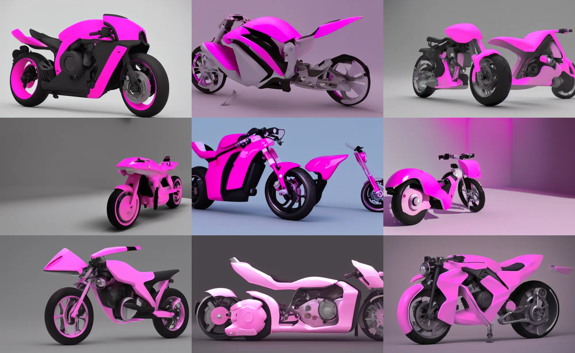 Prompt: a futuristic pink motorbike in a white room. octane render. unity engine. trending on artstation.