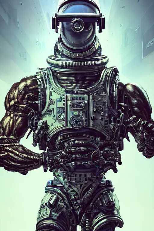 Image similar to a portrait of a muscular anthropomorphic cyberpunk basilisk lizard with big head in spacesuit armor with ensignia on chest plate by sandra chevrier, by jon foster, detailed render, pistol in holster, tape deck, epic composition, cybernetics, 4 k realistic, cryengine, realistic shaded lighting, sharp focus, masterpiece, by enki bilal
