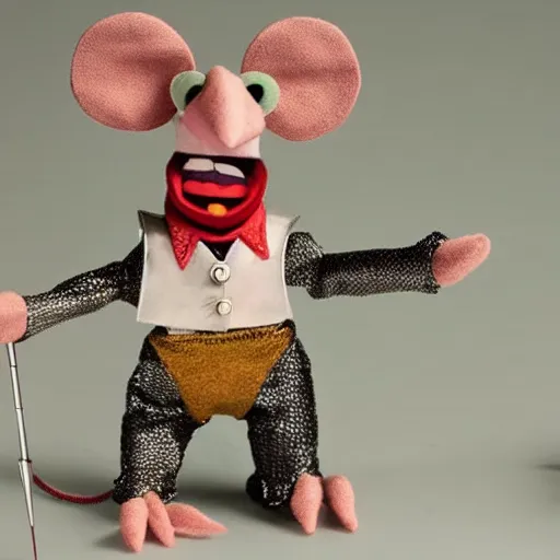 Image similar to a mouse wearing a shining suit of armor wielding a sewing needle, puppet, stop motion, in the style of the muppets