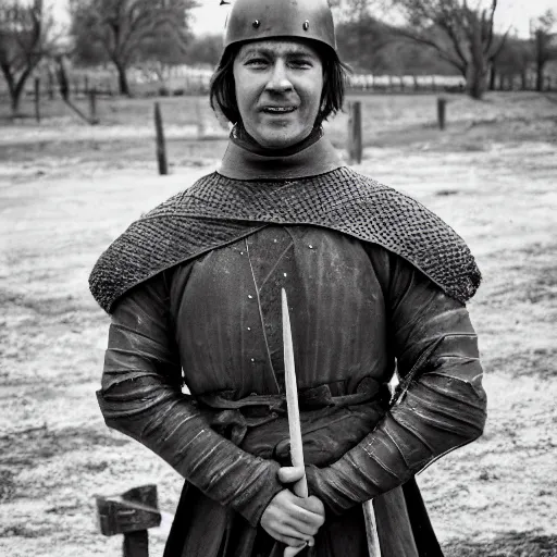 Prompt: Medieval squire with medieval clothes. Standing in the mud. Face closeup. Black & White photo.