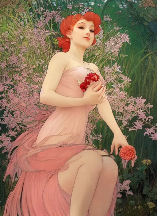 Image similar to portrait of a red - headed early thirties fairy, pixie, fae, imp, sprite in double bun hairstyle and sparkly, gleam baby pink coral outfit, elegant, intricate, highly detailed, smooth, sharp focus, ethereal, misty, fireflies in the backdrop. octane render, pastel color scheme, by hayao miyazaki and alphonse mucha.