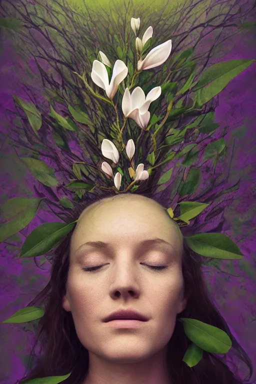 Image similar to a goddess of magnolia a queen of the garden, meditating! with a beautiful symmetrical face!!! cinematic lightning, isolated, studio lighting by barrett biggers artist