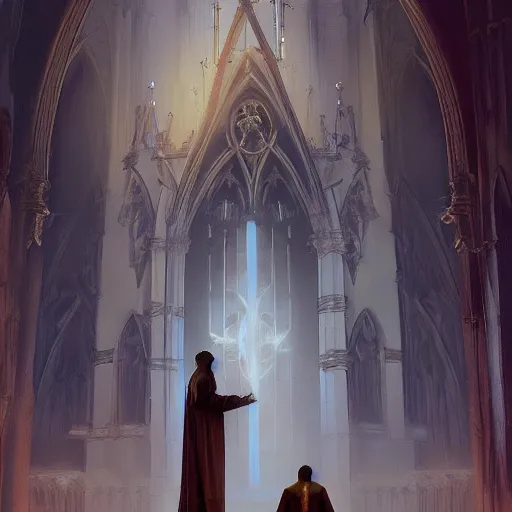 Image similar to angel protecting man who is praying inside a gothic church by Stanley Artgerm Lau, WLOP, Rossdraws, James Jean, Andrei Riabovitchev, Marc Simonetti, Yoshitaka Amano, ArtStation, CGSociety