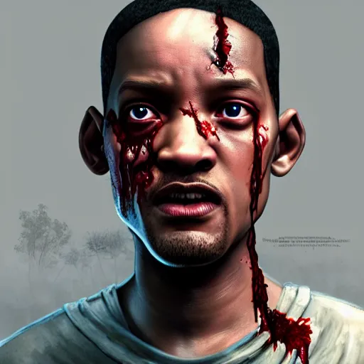 Prompt: young will smith as a bloody zombie, 7 days to die zombie, fine art, award winning, intricate, elegant, sharp focus, cinematic lighting, highly detailed, digital painting, 8 k concept art, art by guweiz and z. w. gu, masterpiece, trending on artstation, 8 k