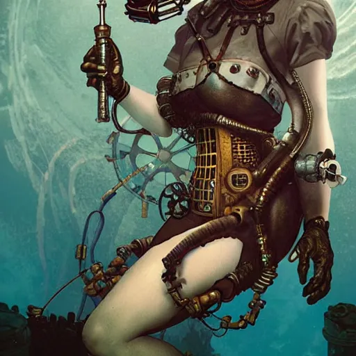 Image similar to lofi underwater bioshock biopunk steampunk portrait, wearing corset, Pixar style, by Tristan Eaton Stanley Artgerm and Tom Bagshaw.