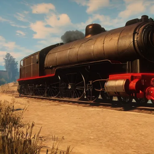 Image similar to futuristic sleek steam locomotive in red dead redemption 2