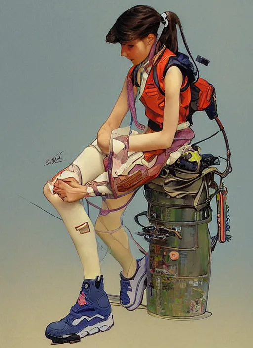 Prompt: an art nouveau copic maker sketch of an student girl lacing up his sneakers wearing an evangelion pilot suit designed by balenciaga by john berkey by stanley artgerm lau, greg rutkowski, thomas kinkade, alphonse mucha, loish, norman rockwell