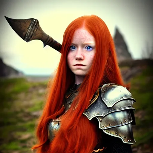 Prompt: north girl, adult, warrior, red hair, ginger hair, fantasy, high detailed, photography, cloudy, lightweight armor, Scandinavia, plain, Authentic, detailed face, cute face, spear in hand