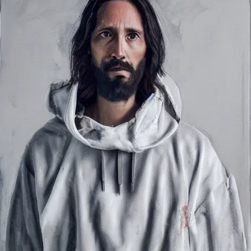 Prompt: a portrait of modern day jesus wearing hypebeast streetwear hoodie and pants by nicola samori, oil painting, realistic, 8 k, fear of god style