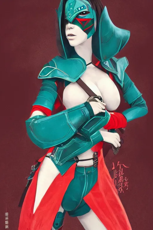 Image similar to female adventurer in tight full - body teal leather armor of japanese design with red accents and a white porcelain crow mask, trending in artstation, japanese, by wlop, establishing shot