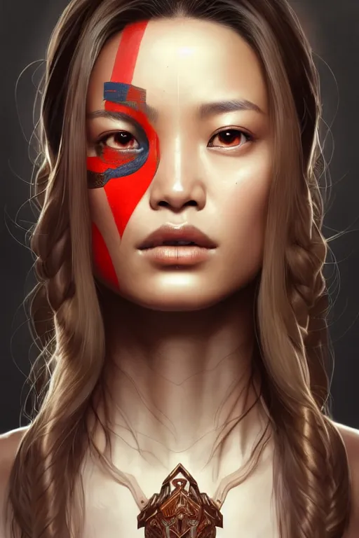 Image similar to symmetry!! portrait of jamie chung in the style of god of war, machine parts embedded into face, intricate, elegant, highly detailed, digital painting, artstation, concept art, smooth, sharp focus, illustration, art by artgerm and greg rutkowski and alphonse mucha, 8 k