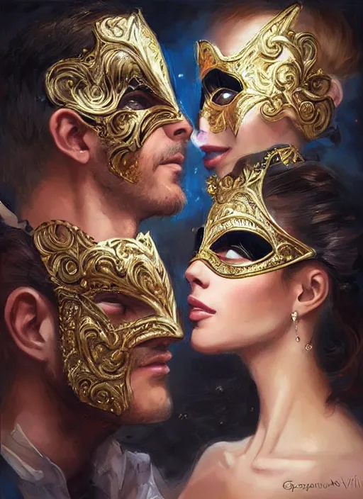 Image similar to a beautiful couple, a man and a woman, wearing elaborate masquerade masks and matching clothing, looking at each other with an alluring expression. painting by artgerm and greg rutkowski and magali villanueve