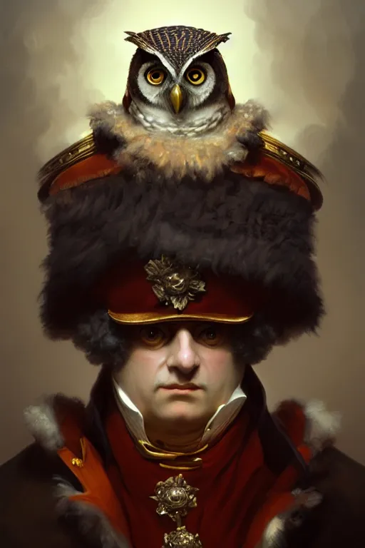 Prompt: portrait of an anthropomorphic owls as napolean bonaparte, dramatic lighting, highly detailed, digital painting, artstation, concept art, smooth, sharp focus, illustration, art by wlop, mars ravelo and greg rutkowski