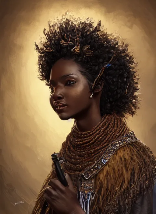 Image similar to a highly detailed illustration of long curly haired african girl wearing cowboy hat and brown poncho, dramatic playing banjo pose, intricate, elegant, highly detailed, centered, digital painting, artstation, concept art, smooth, sharp focus, league of legends concept art, WLOP