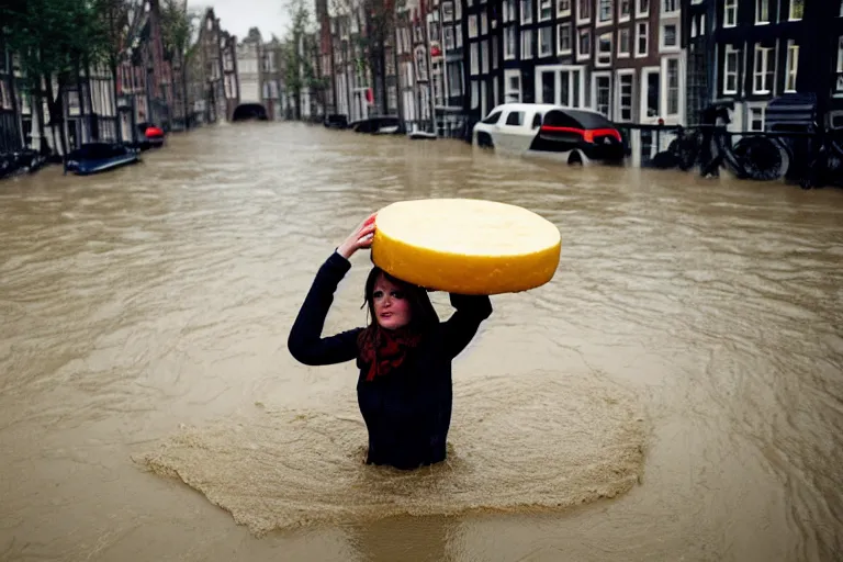 Prompt: closeup potrait of a woman carrying a wheel of cheese over her head in a flood in Amsterdam, photograph, natural light, sharp, detailed face, magazine, press, photo, Steve McCurry, David Lazar, Canon, Nikon, focus