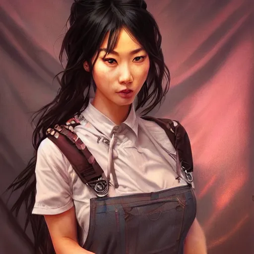 Image similar to a fierce yet beautiful Asian woman wearing overalls, highly detailed, digital painting, artstation, concept art, sharp focus, illustration, cinematic lighting, art by artgerm and greg rutkowski and alphonse mucha