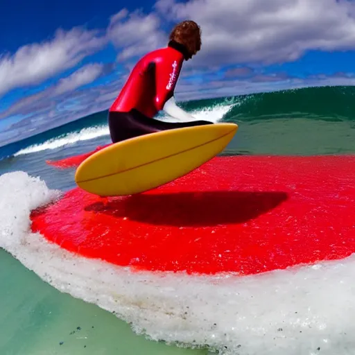 Image similar to a surfer surfing on a large wave of ketchup, through a sea made of ketchup, on a sunny day, 8 k, wide angle photography