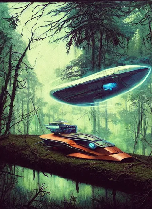 Image similar to hyper realistic spaceship in the woods by a river gorgeous lighting, lush forest foliage blue sky a hyper realistic painting by chiara bautista and beksinski and norman rockwell and greg rutkowski, weta studio, and lucasfilm