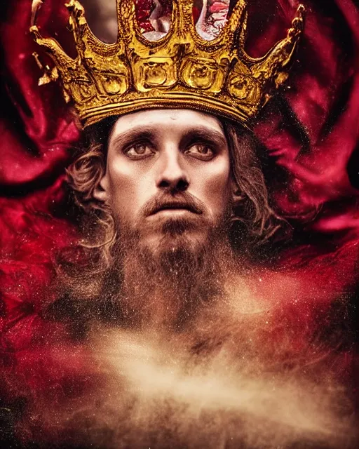 Image similar to 'Portrait of Crowned King Arthur' by Lee Jeffries royally decorated, whirling plasma, atmospheric motes, red and gold Sumptuous garb, gilt silk fabric, radiant colors, fantasy, perfect lighting, studio lit, micro details,