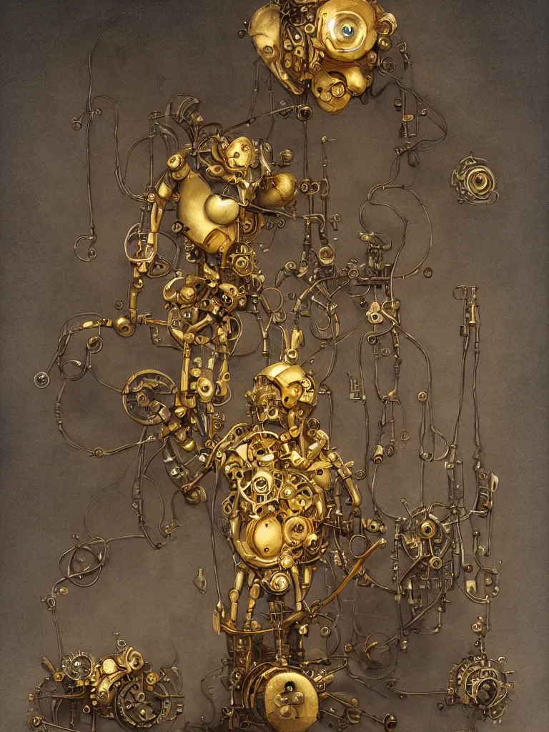 Prompt: mechanical clockwork character made of gold and hanging by wires in a dark room, created by peter mohrbacher, photorealistic, puppet, strings, 8 k