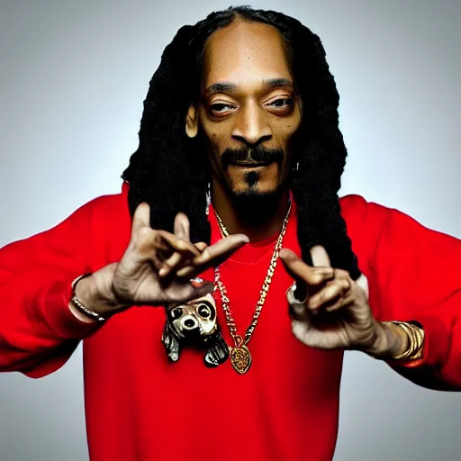 Image similar to Snoop Dog with big eyes eye color red , smiling and holding a joint in his hand