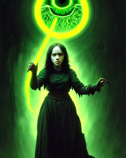 Image similar to ellen page with yellow glowing eyes as a dark sorceress casting a green spell, green lighting, fantasy character portrait, ultra realistic, concept art, intricate details, highly detailed by james bama, william adolphe bouguereau and frank frazetta