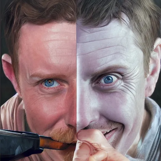 Image similar to portrait painting of simon pegg smiling like a winner with a winchester, ultra realistic, concept art, intricate details, eerie, highly detailed, photorealistic, octane render, 8 k, unreal engine. art by artgerm and greg rutkowski and alphonse mucha