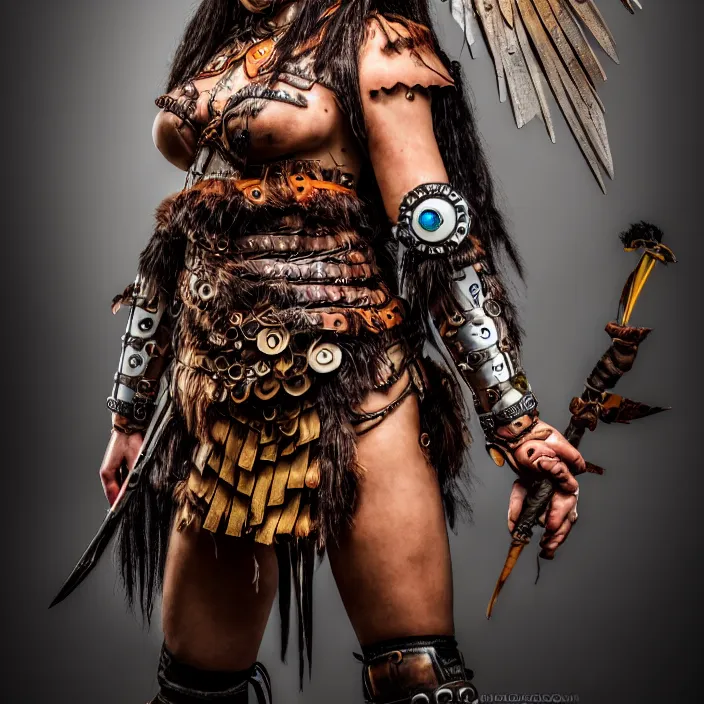 Prompt: full length portrait photograph of a real-life beautiful clockpunk amazon warrior. Extremely detailed. 8k