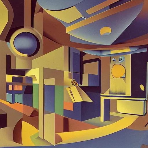 Prompt: retrofuturistic interior in cubism by salvador dali and dan McPharlin,