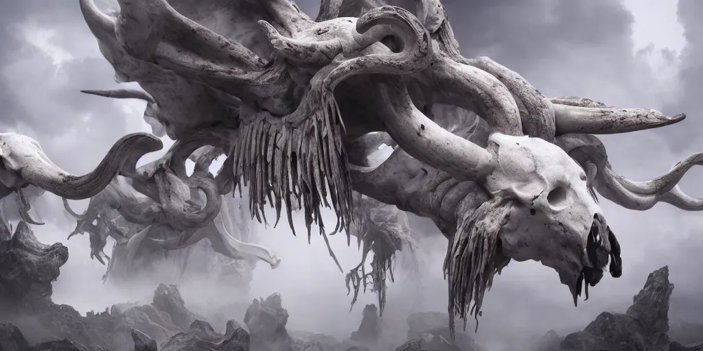 Image similar to white bird skulls, ram skulls, grand imposing powerful sculpture. swirls of mist. occult photorealism, uhd, amazing depth, volumetric lighting, cinematic lighting. epic landscape.