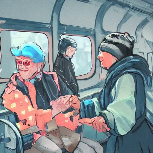 Image similar to fight between grandmas in the train moscow-ryazan, cyberpunk, neon, concept art