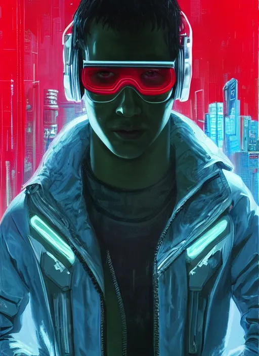 Prompt: ezra. cyberpunk character wearing jumpsuit and red jacket and cyberpunk headset. ( blade runner 2 0 4 9, dystopian, cyberpunk 2 0 7 7 character design ). attractive face. portrait by james gurney and laurie greasley, oil on canvas. cinematic, hyper realism, realistic proportions, full view, dramatic lighting, high detail 4 k