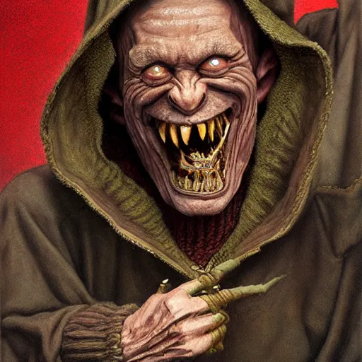 Prompt: grinning hellpunk the thieving Goblin wearing a grubby brown hoodie sweater whilst pointing a dagger at you chris cold marc simonetti ross tran greg rutkowski dan witz john currin vik muniz robert gober oil painting