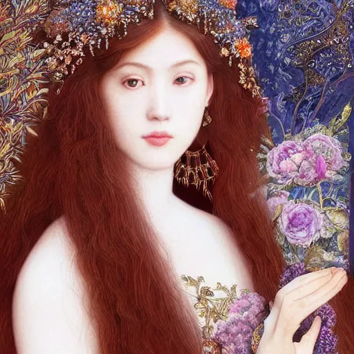 Image similar to An extremely beautiful pre-raphaelite ornate portrait of a very beautiful asian witch, surreal, ultradetailed, intricate, elegant, digital art painting, concept art, smooth, sharp focus, magazine art cover illustration, regal, award winning picture, extremely detailed masterpiece, sense of awe, featured on Artstation, Artgerm, winning award piece, ethereal bubbles, Aetherpunk, low-key neon lightning, stormy weather, Exquisite floral details, 8K detail post-processing, matte, oil painting