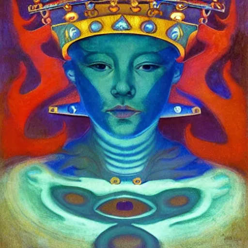 Image similar to the crown of clouds, by Annie Swynnerton and Nicholas Roerich and Diego Rivera, bioluminescent skin, elaborate costume, geometric ornament, symbolist, cool colors, smooth, sharp focus, extremely detailed