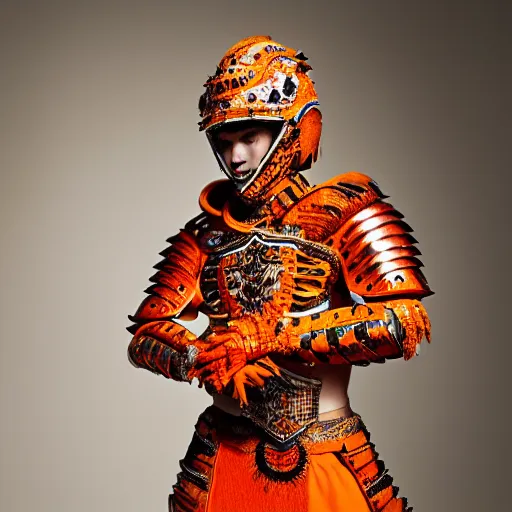 Image similar to a portrait of a beautiful young mexican male wearing an alexander mcqueen armor made of orange ceramic , photographed by andrew thomas huang, artistic