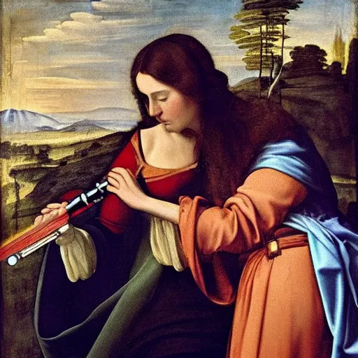 Prompt: renaissance painting of a princess holding a lightsaber