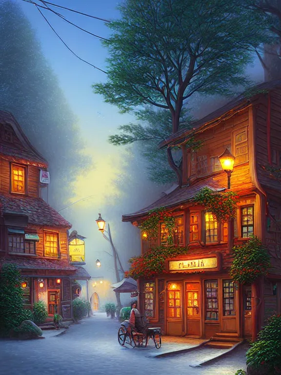 Prompt: beautiful digital painting of a a street with a tavern and pine trees by Evgeny Lushpin