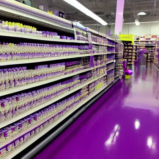 Prompt: photo of a flood of purple slurm liquid, purple liquid flooded target store aisle