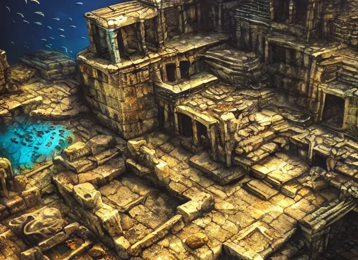 Image similar to ancient ruins favela, underwater environment, scenery, professional, award - winning, trending on artstation, hyper detailed, realistic, beautiful, emotional, shiny, golden, picture