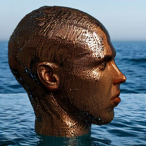 Prompt: a giant sculpture made out of water of a human head on the ocean water, cinematic, in the style of chad knight, long shot, hyper detailed, hyper realistic, ray tracing, 8 k resolution, sharp focus, realistic water, award winning